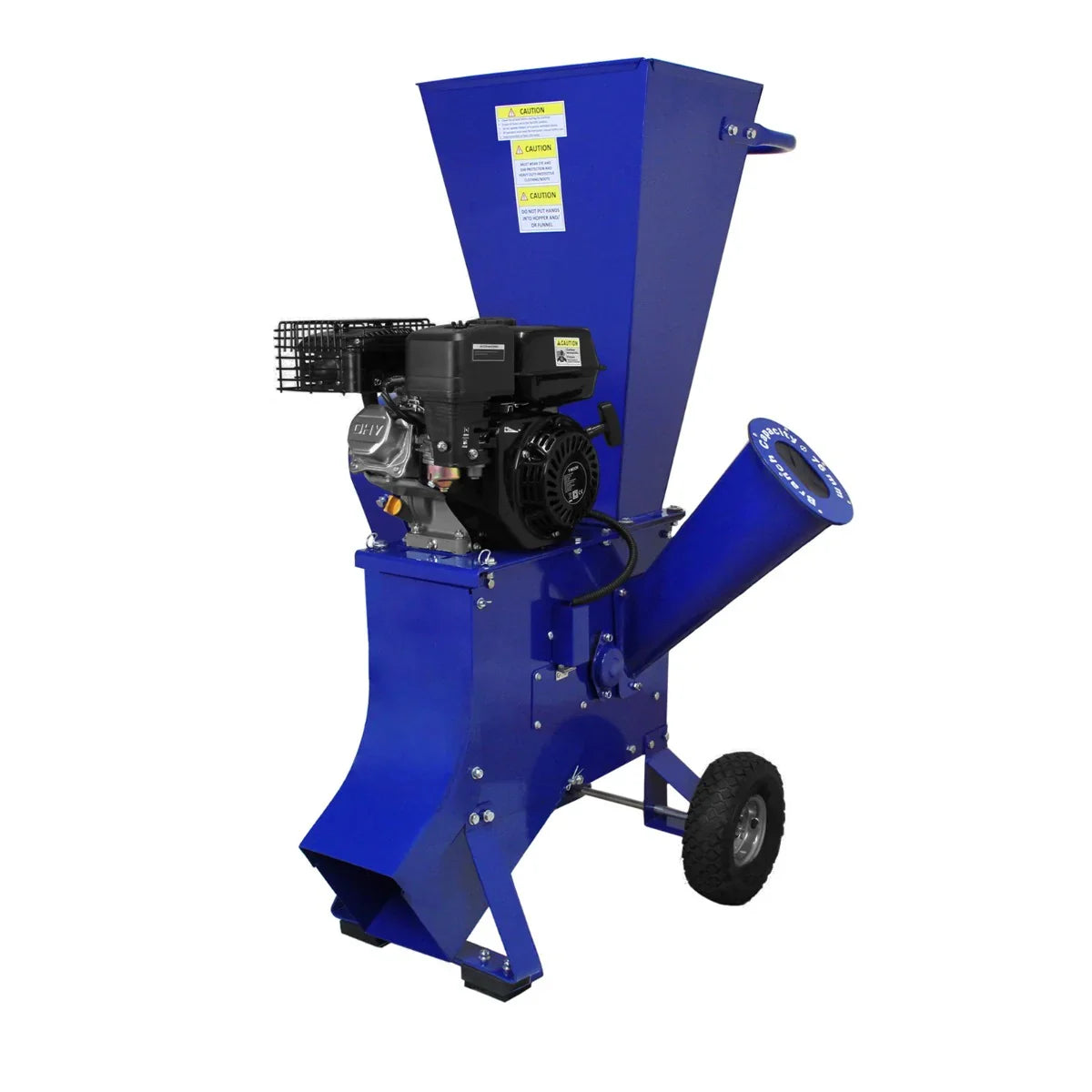 T-Mech 7HP wood chipper in vibrant blue, featuring a powerful engine, large hopper, and sturdy wheels for easy mobility