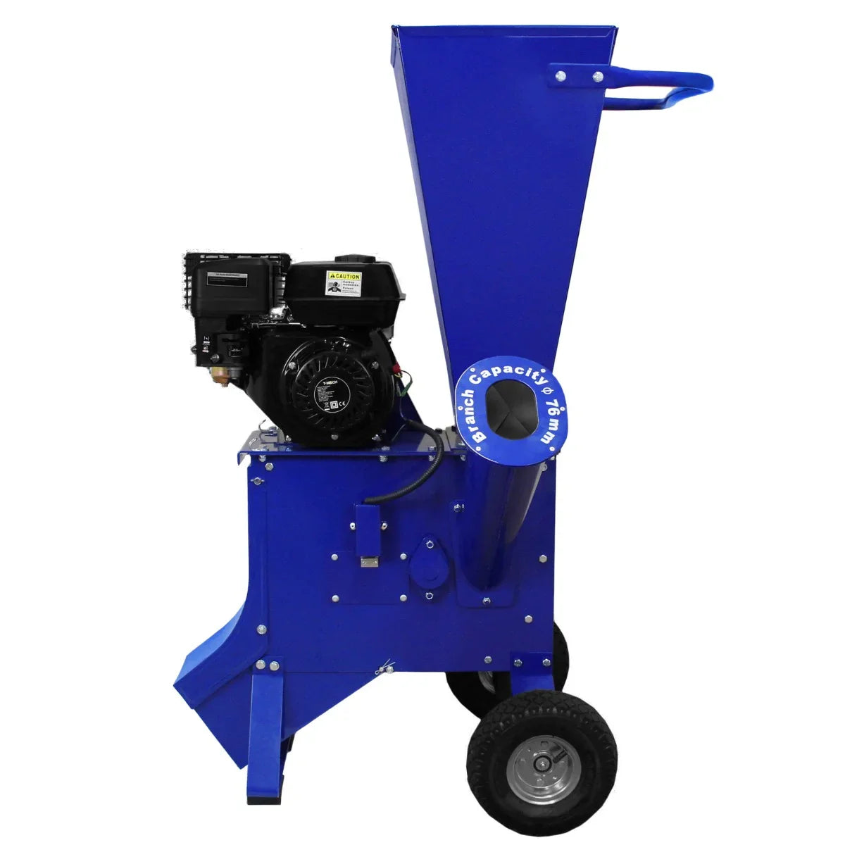 T-Mech 7HP wood chipper in vibrant blue, featuring a sturdy design, large chute, and durable wheels for easy mobility