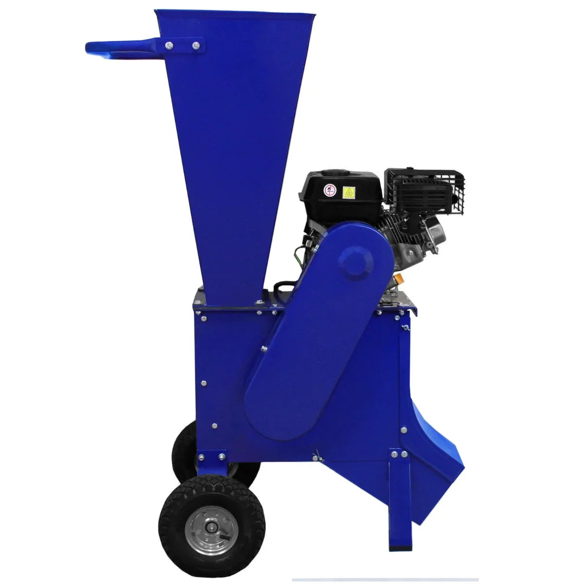 T-Mech 7HP wood chipper in vibrant blue with a sturdy metal frame, large hopper, and durable wheels for easy mobility