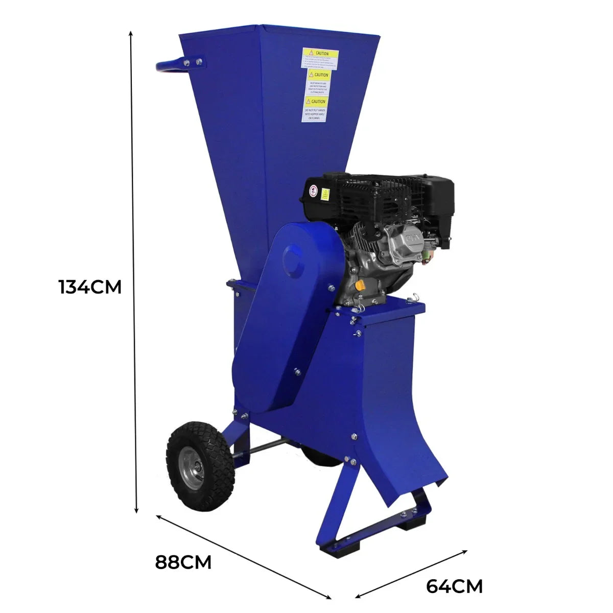 T-Mech 7HP wood chipper in vibrant blue, featuring a sturdy design, large hopper, and durable wheels for easy mobility