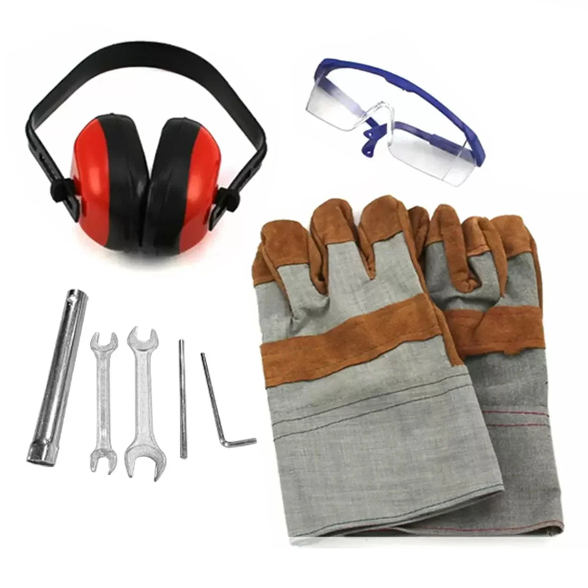 Protective gear set for T-Mech 7HP Wood Chipper, including red earmuffs, safety goggles, leather gloves, and assorted tools