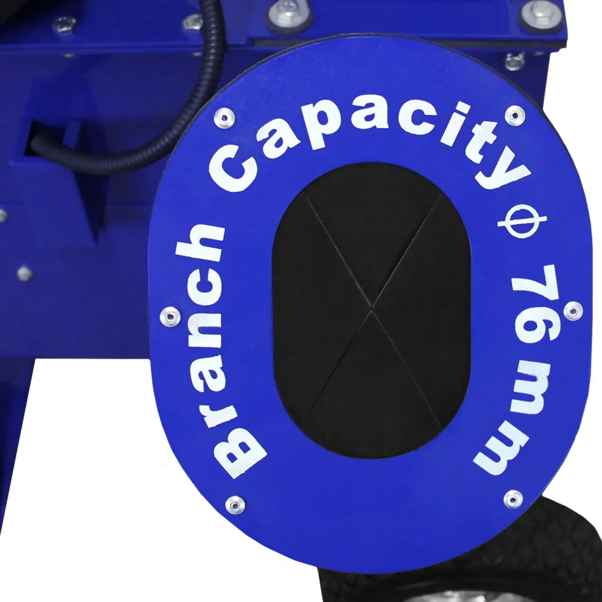 T-Mech 7HP Wood Chipper features a blue branch capacity opening labeled 76mm, showcasing its robust design and functionality