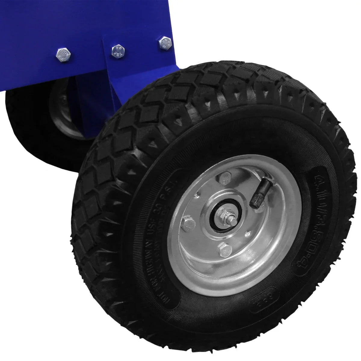 Durable rubber tire of the T-Mech 7HP Wood Chipper, featuring a rugged tread pattern and sturdy metal rim for stability and mobility