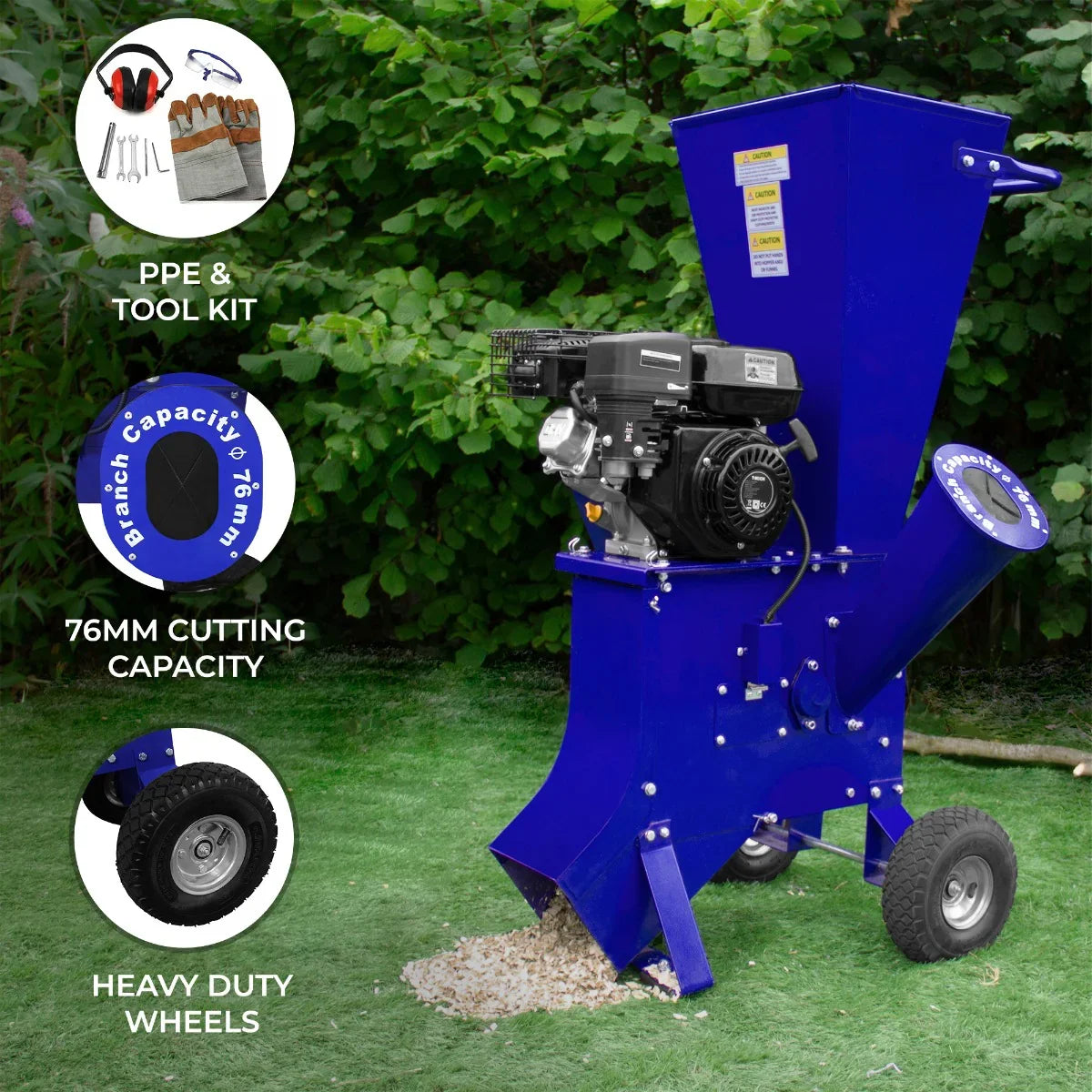 T-Mech 7HP wood chipper in vibrant blue, featuring a powerful engine, 76mm cutting capacity, and heavy-duty wheels for easy mobility