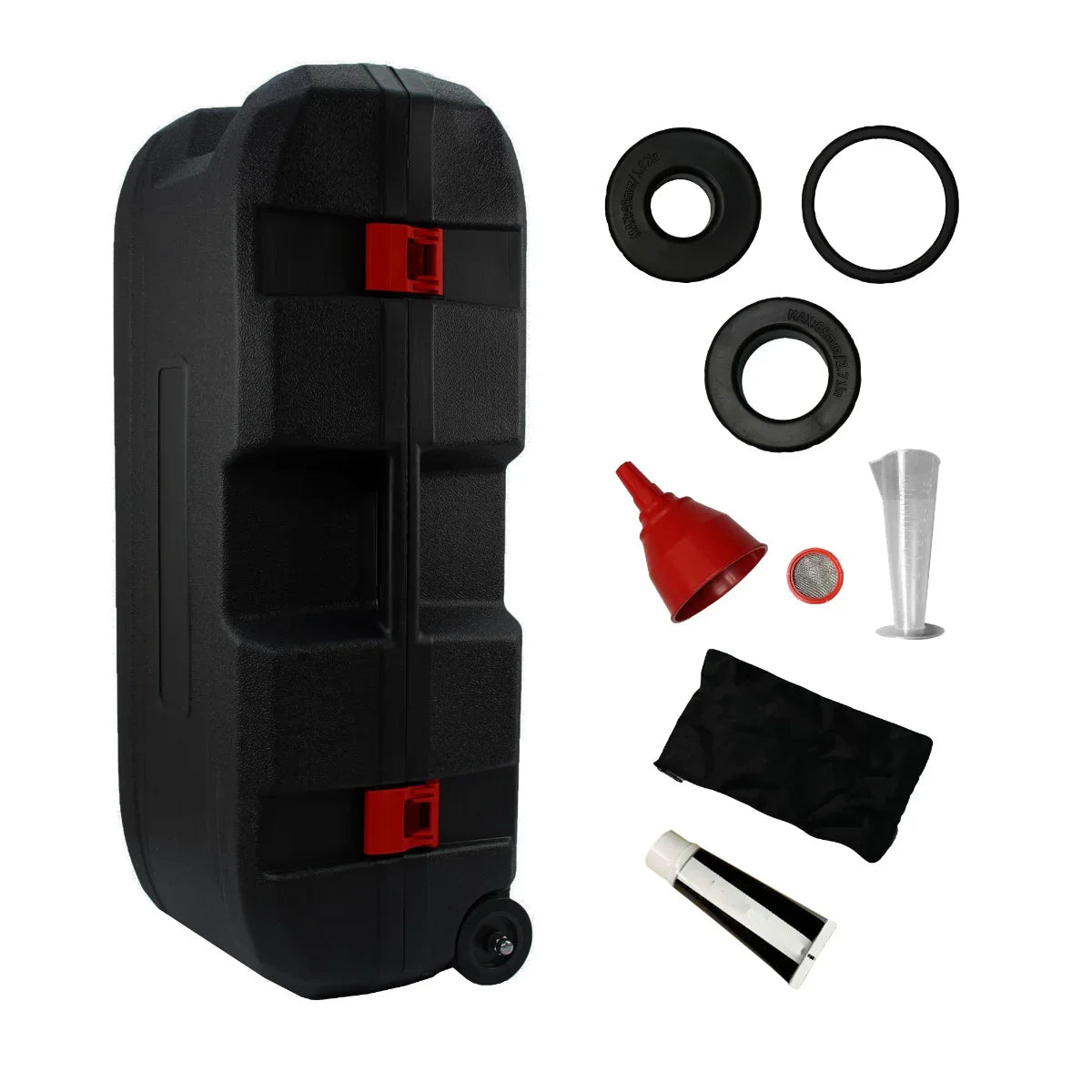 T-Mech 4 Stroke Petrol Post Driver with black fuel tank, red accents, funnel, rubber rings, and accessories for efficient use