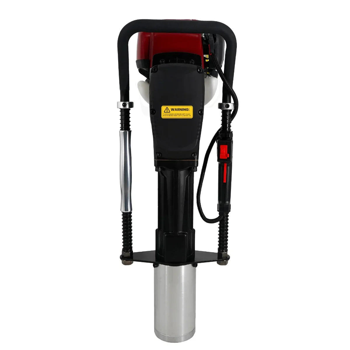 T-Mech 4 Stroke Petrol Post Driver with a red engine, black handle, and silver metal shaft, designed for efficient post installation