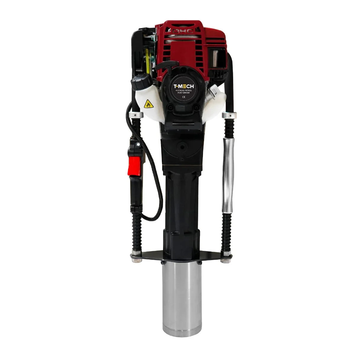 T-Mech 4 Stroke Petrol Post Driver with red engine, black body, and silver cylindrical base, designed for efficient post driving