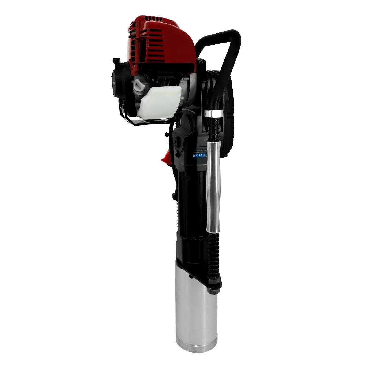 T-Mech 4 Stroke Petrol Post Driver with a red engine cover, silver cylindrical base, and ergonomic black handle for easy use