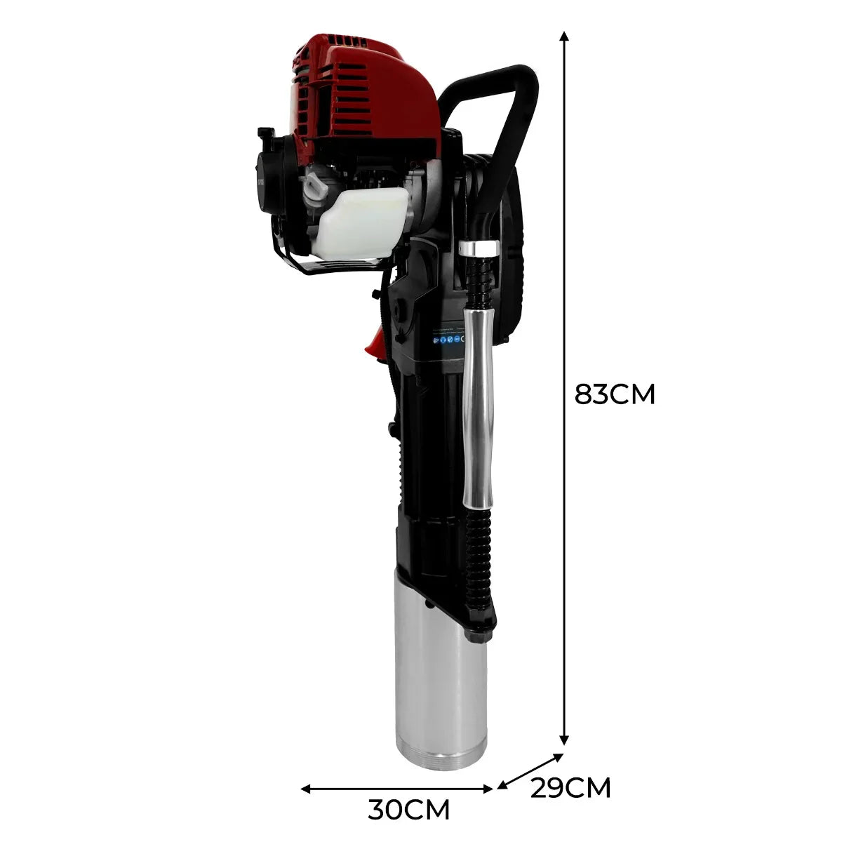T-Mech 4 Stroke Petrol Post Driver with a red engine cover, silver cylindrical base, and ergonomic black handle, measuring 83cm tall