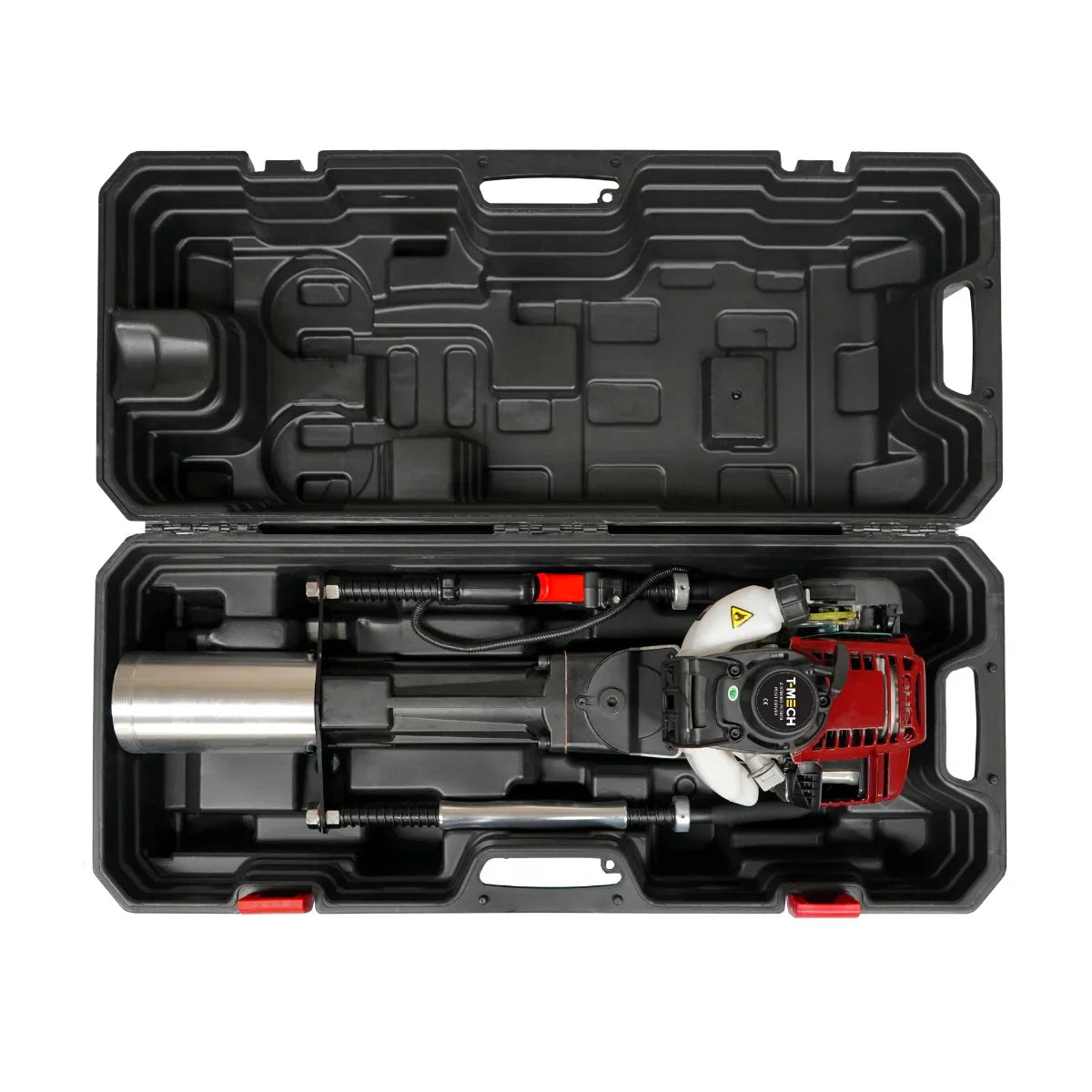 T-Mech 4 Stroke Petrol Post Driver in a sturdy black carrying case, featuring a silver cylindrical driver and red engine components