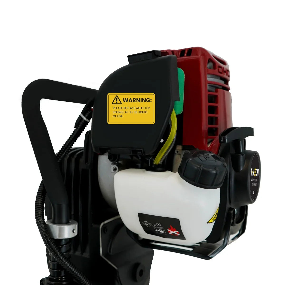T-Mech 4 Stroke Petrol Post Driver showing engine compartment with warning label, fuel tank, and durable black and red casing