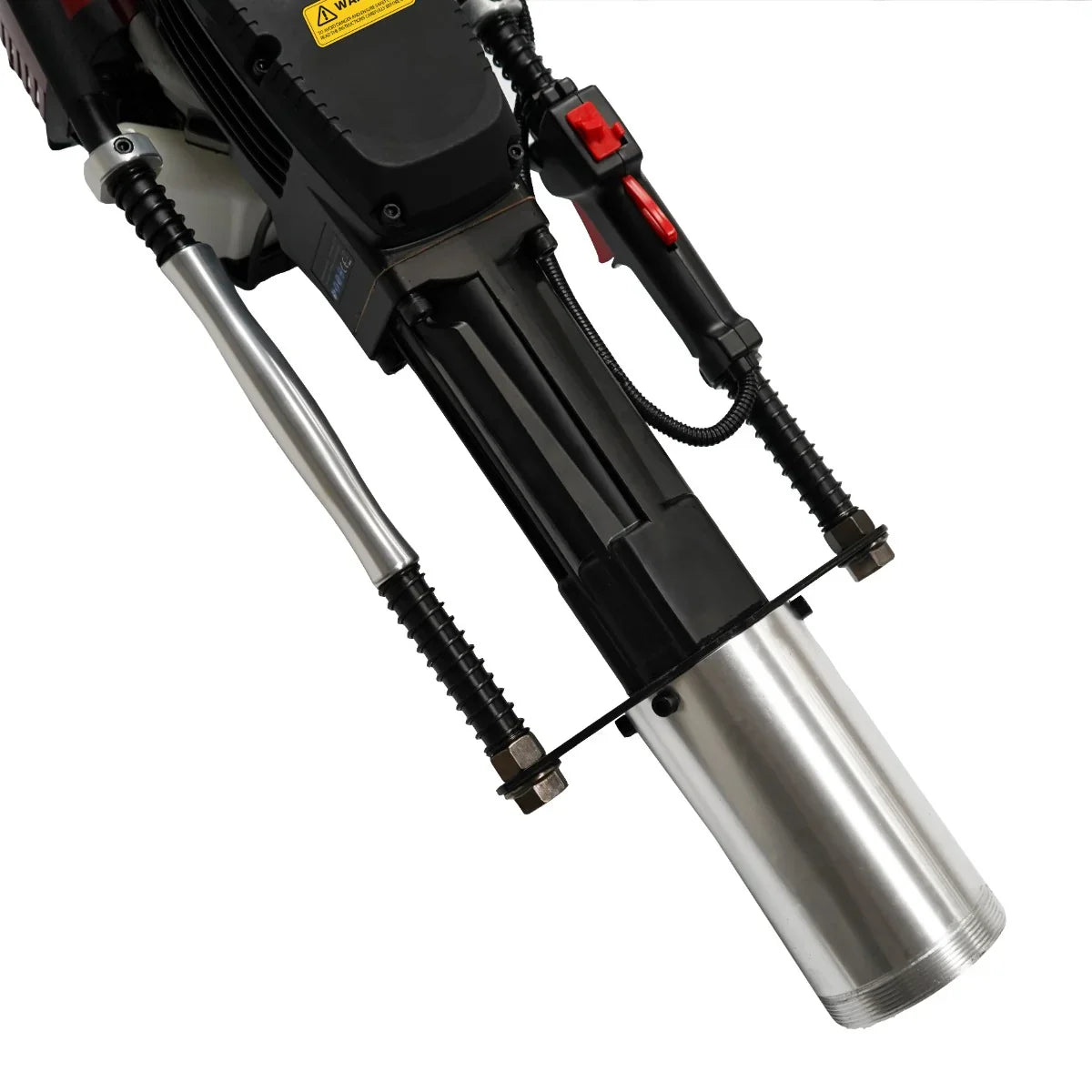 T-Mech 4 Stroke Petrol Post Driver with a silver cylindrical shaft, black handle, and red safety switch, designed for efficient post driving
