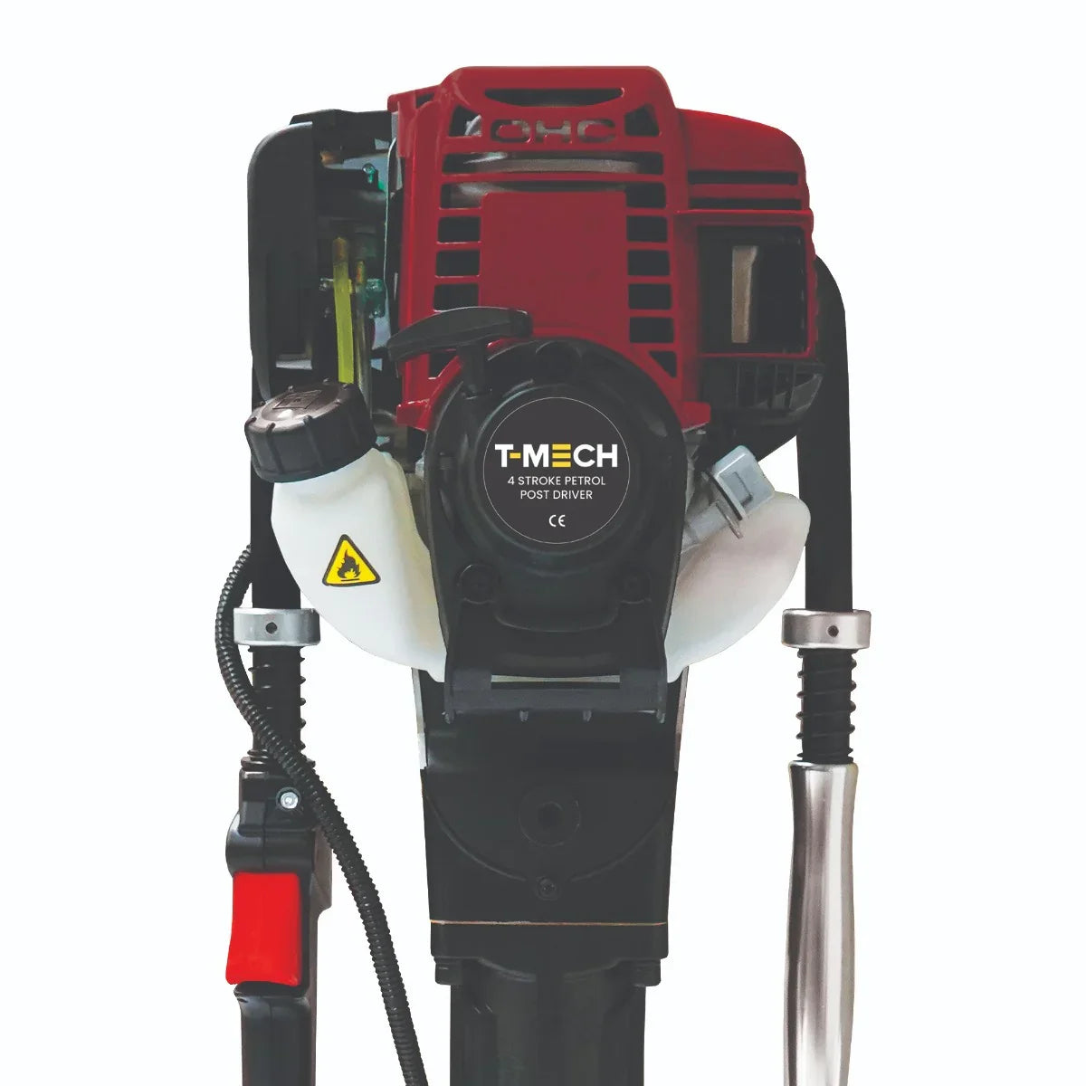 T-Mech 4 Stroke Petrol Post Driver with red engine casing, black handle, and fuel tank, designed for efficient post driving tasks