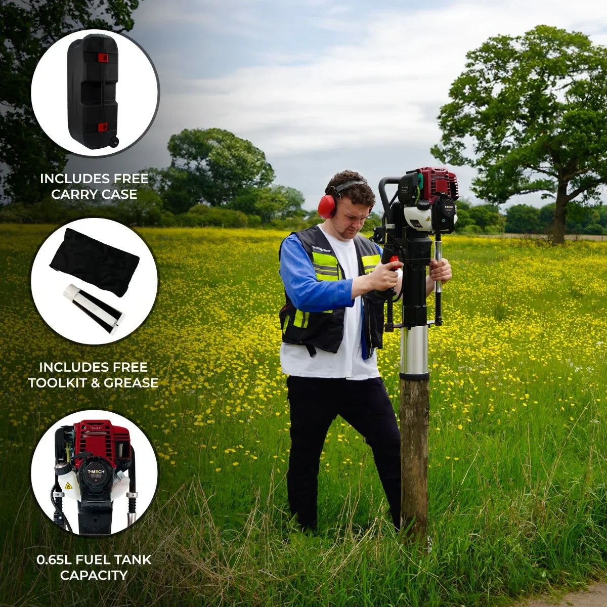 T-Mech 4 Stroke Petrol Post Driver in use, featuring a sturdy design, vibrant red and black colors, and a grassy field backdrop