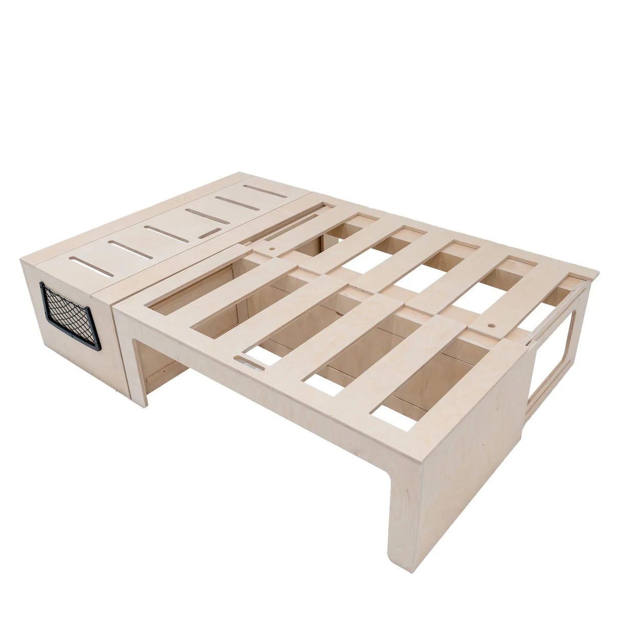 L-shaped camper van bed in light wood, featuring slatted design for ventilation and sturdy frame, ideal for compact spaces