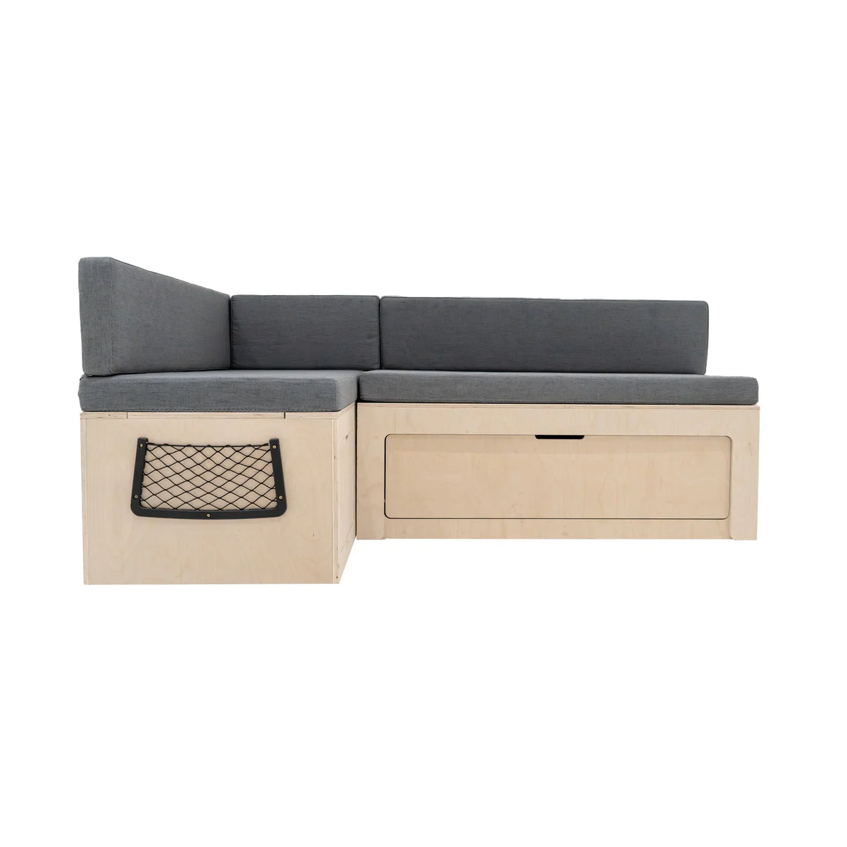 L-shaped camper van bed with a light wood frame, gray cushioned seating, and a storage compartment with a mesh pocket