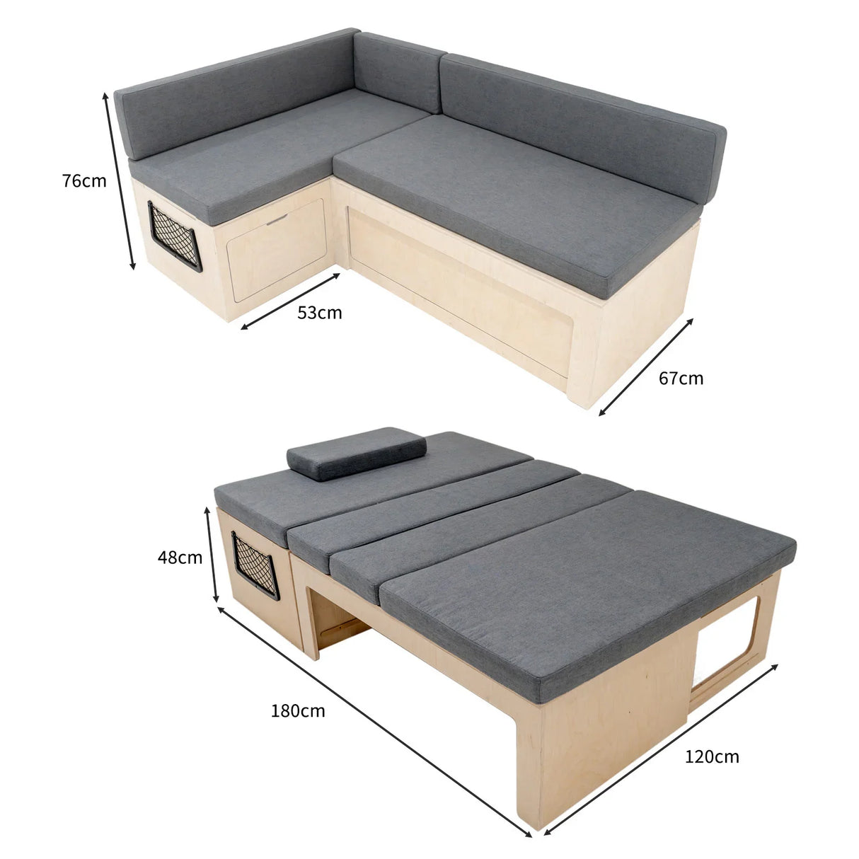 L-shaped camper van bed with gray cushions, wooden frame, storage compartment, and dimensions for versatile seating and sleeping options