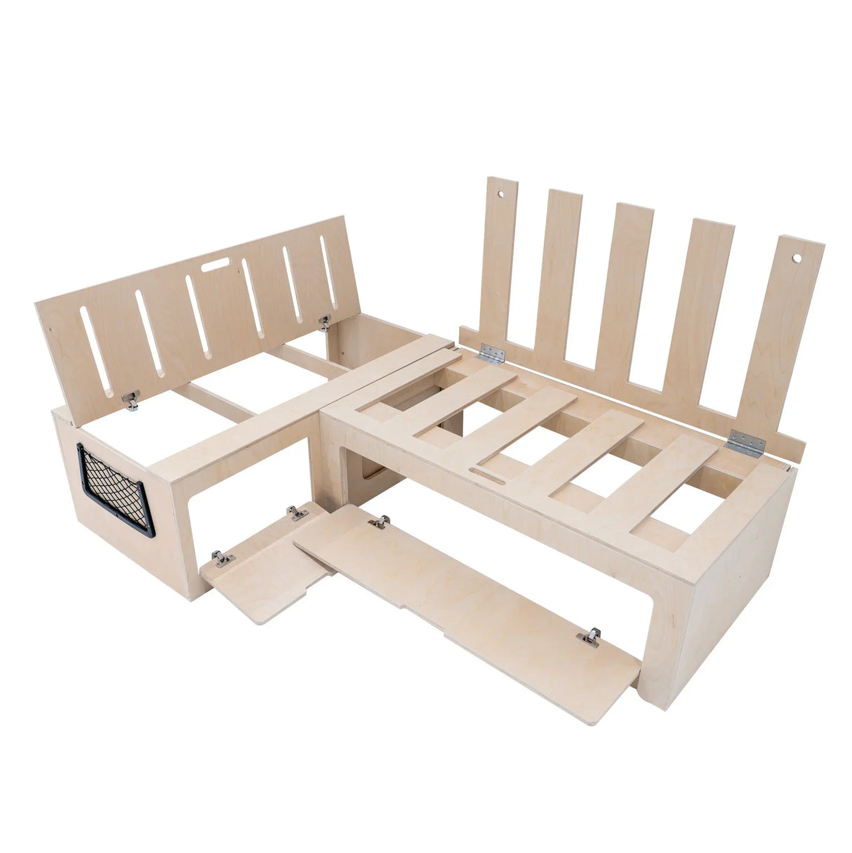 L-shaped camper van bed in natural wood finish, featuring slatted design, adjustable sections, and sturdy construction for versatile use