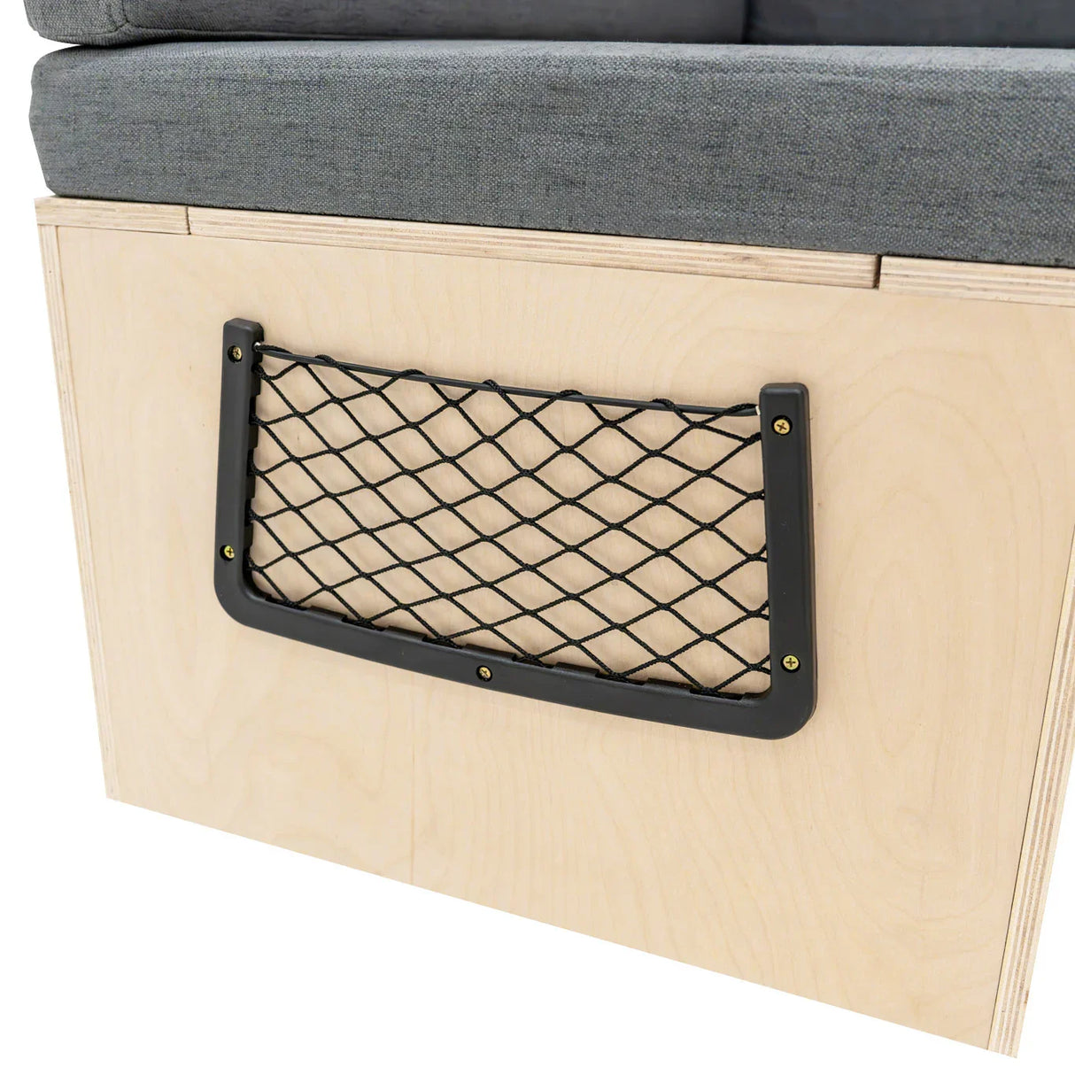 L-shaped camper van bed with a sturdy wooden frame, gray fabric upholstery, and a black mesh storage pocket on the side