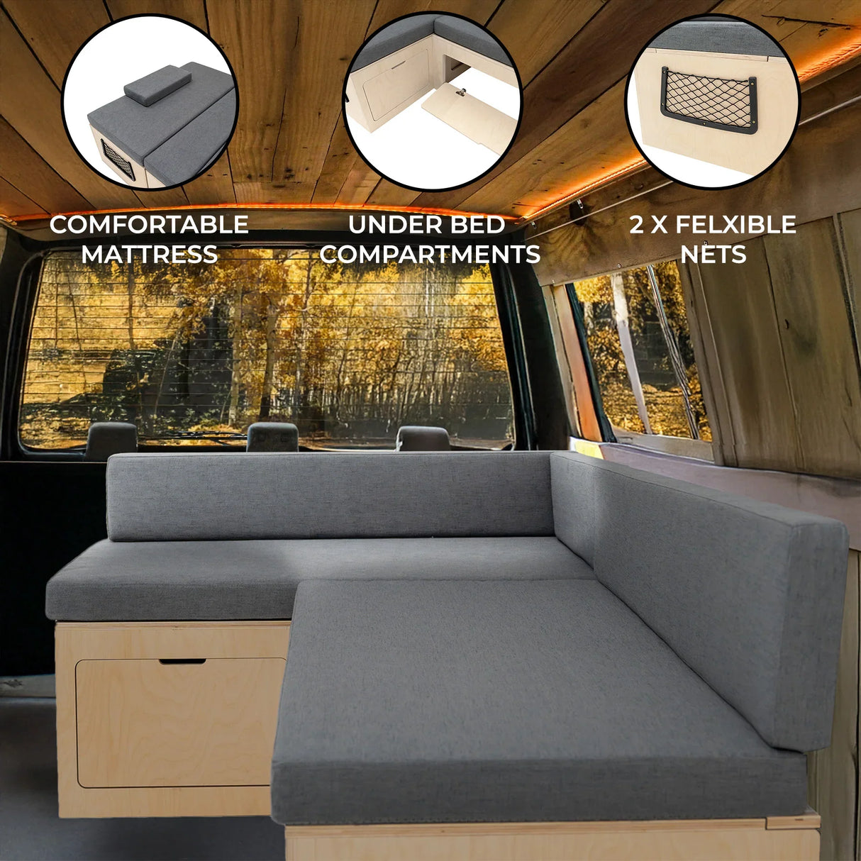 L-shaped camper van bed with a comfortable gray mattress, under-bed storage compartments, and flexible nets for organization