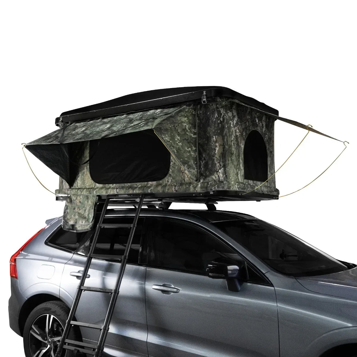 Camouflage car roof tent with a sturdy frame, mesh windows, and a ladder, positioned on a sleek silver SUV for outdoor adventures