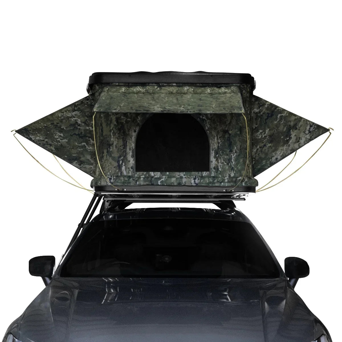 Camouflage car roof tent with a spacious opening, durable fabric, and sturdy support, designed for outdoor adventures and camping