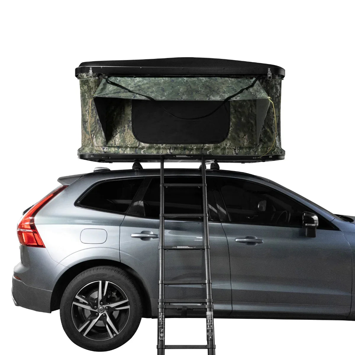 Camouflage car roof tent with a sturdy frame, featuring a spacious interior and easy-access ladder, mounted on a silver SUV