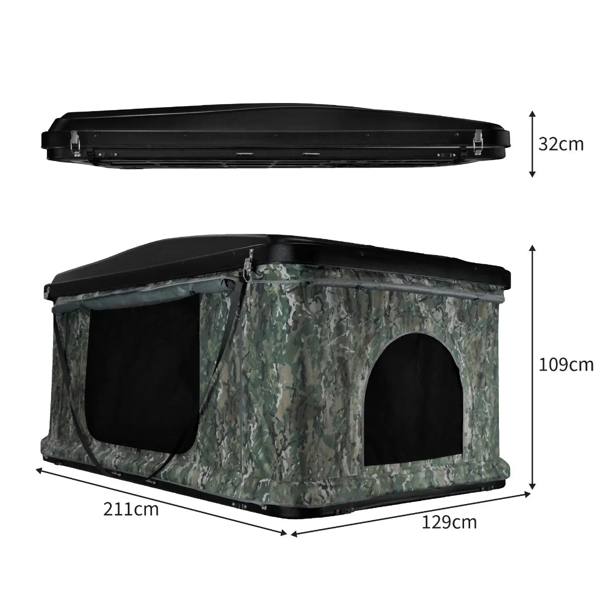 Camouflage car roof tent with a sturdy black top, spacious interior, and mesh windows for ventilation, measuring 211cm x 129cm x 109cm