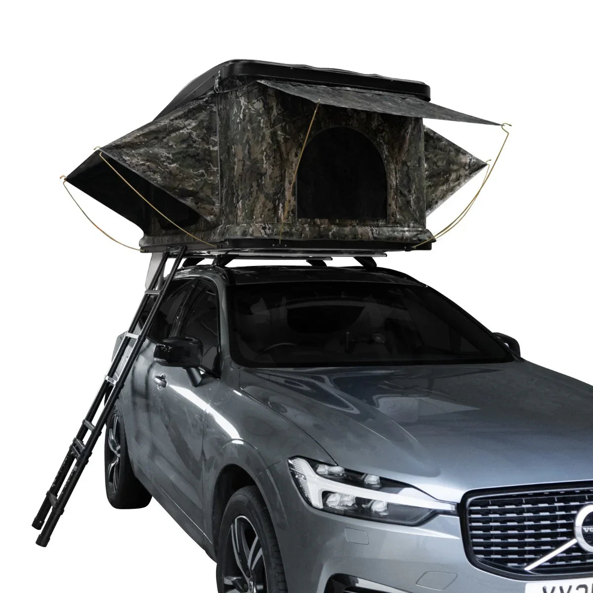 Camouflage car roof tent with a spacious interior, mounted on a silver SUV, featuring a ladder for easy access and ventilation openings