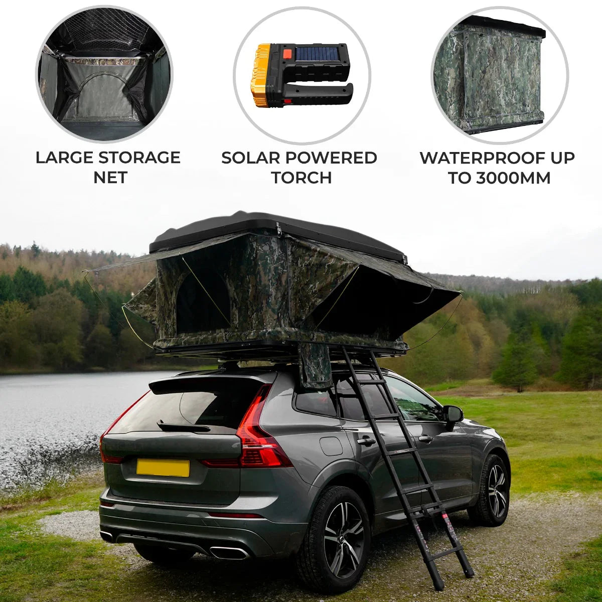 Camouflage car roof tent with large storage net, solar-powered torch, and waterproof design, set up on a vehicle by a lake