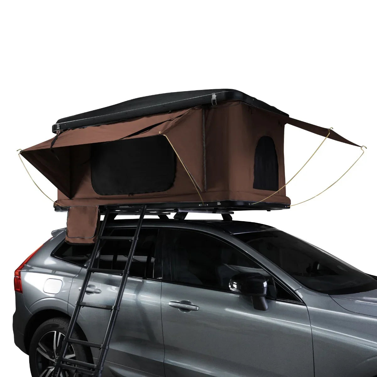 Brown car roof tent with a sturdy frame, large windows, and a ladder, mounted on a silver SUV for outdoor camping adventures