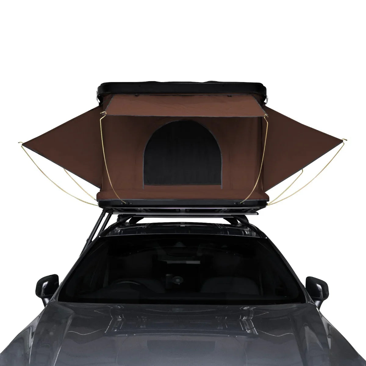 Brown car roof tent with a spacious interior, open flaps, and sturdy support, mounted on a sleek gray vehicle for outdoor adventures