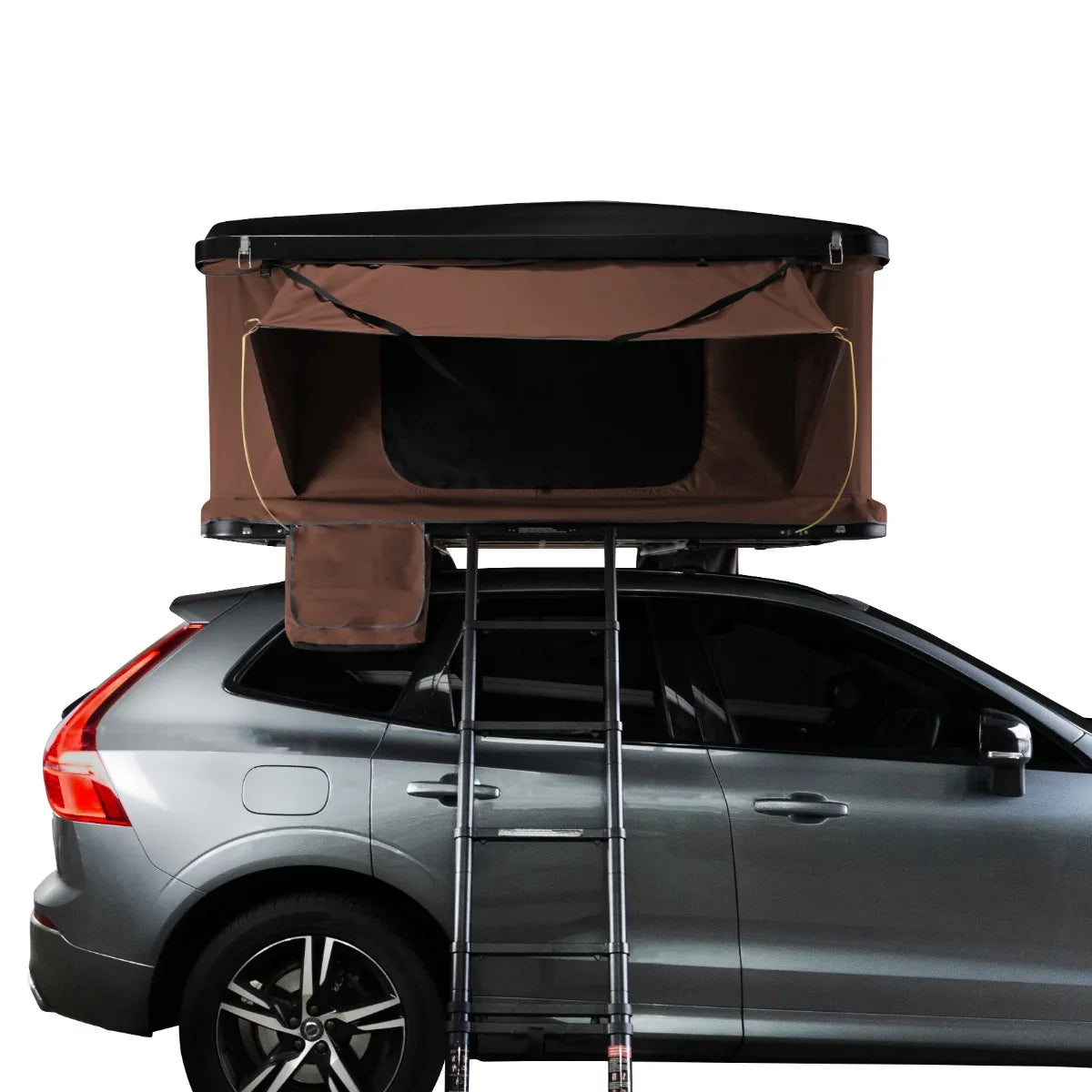 Brown car roof tent with a spacious interior, mounted on a silver SUV, featuring a sturdy ladder for easy access