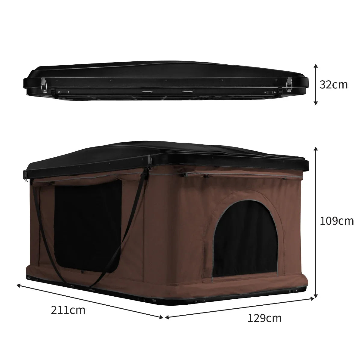 Brown car roof tent with a black top, featuring a spacious interior, mesh windows, and compact design for easy transport