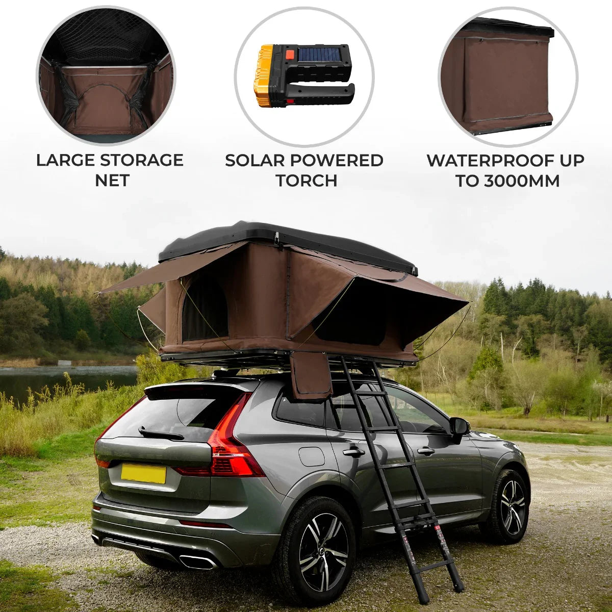 Brown car roof tent with large storage net, solar-powered torch, and waterproof design, mounted on an SUV by a lake