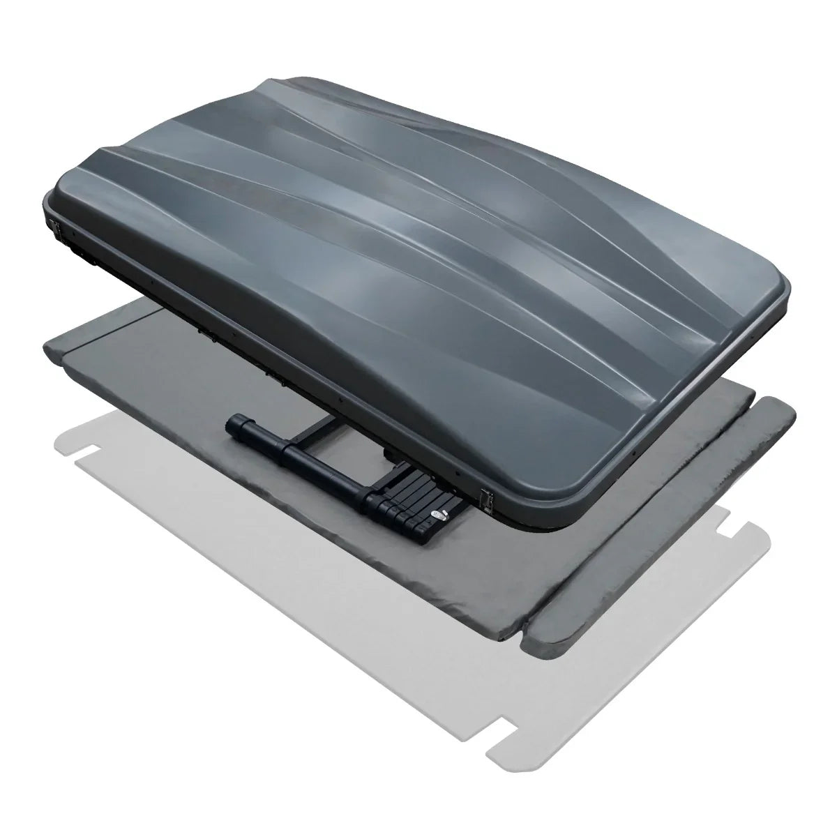 Grey car roof tent with a sleek, aerodynamic design, featuring a durable outer shell and soft inner padding for comfort