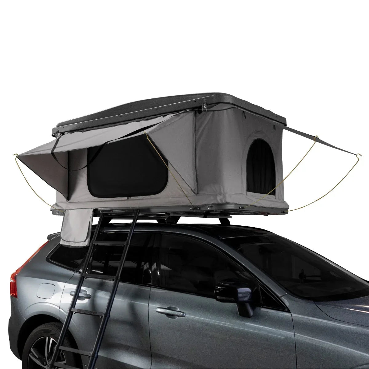 Grey car roof tent with a streamlined design, featuring a spacious interior, mesh windows, and sturdy support straps on a vehicle