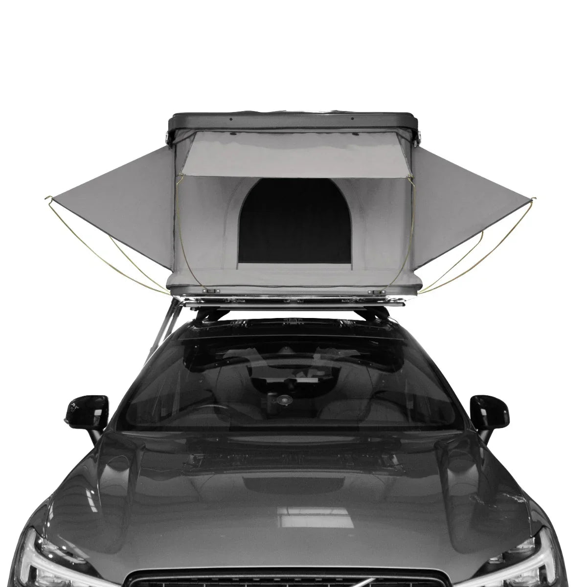 Grey car roof tent with a spacious interior, open flaps, and sturdy support, mounted on a sleek vehicle for outdoor adventures