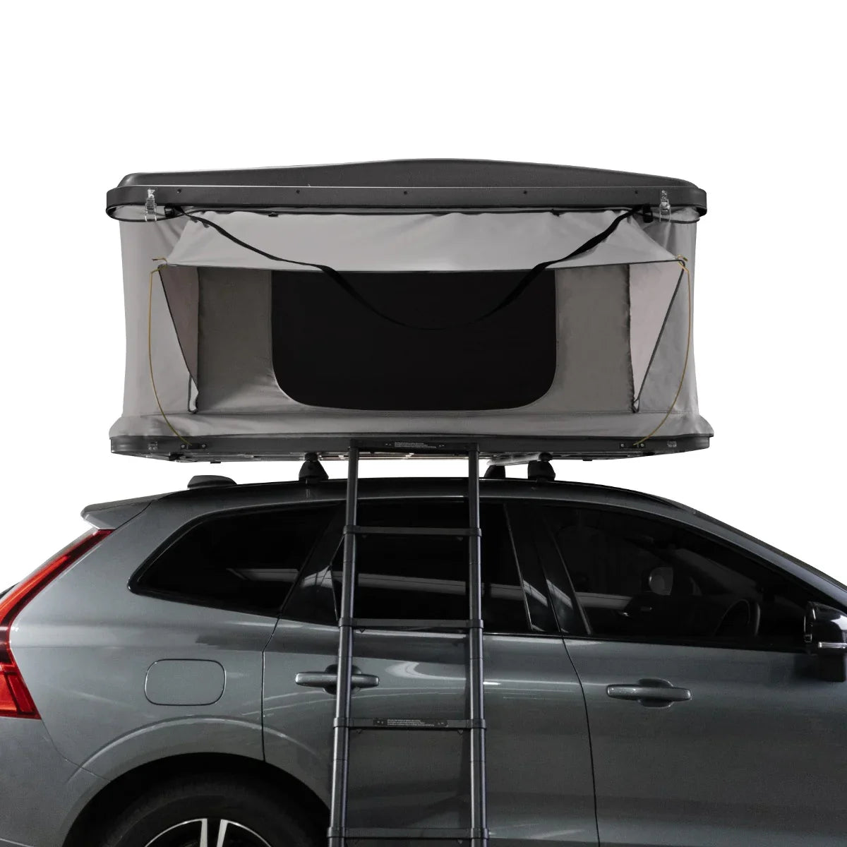 Grey car roof tent with a spacious interior, featuring a sturdy ladder for easy access, mounted on a sleek SUV