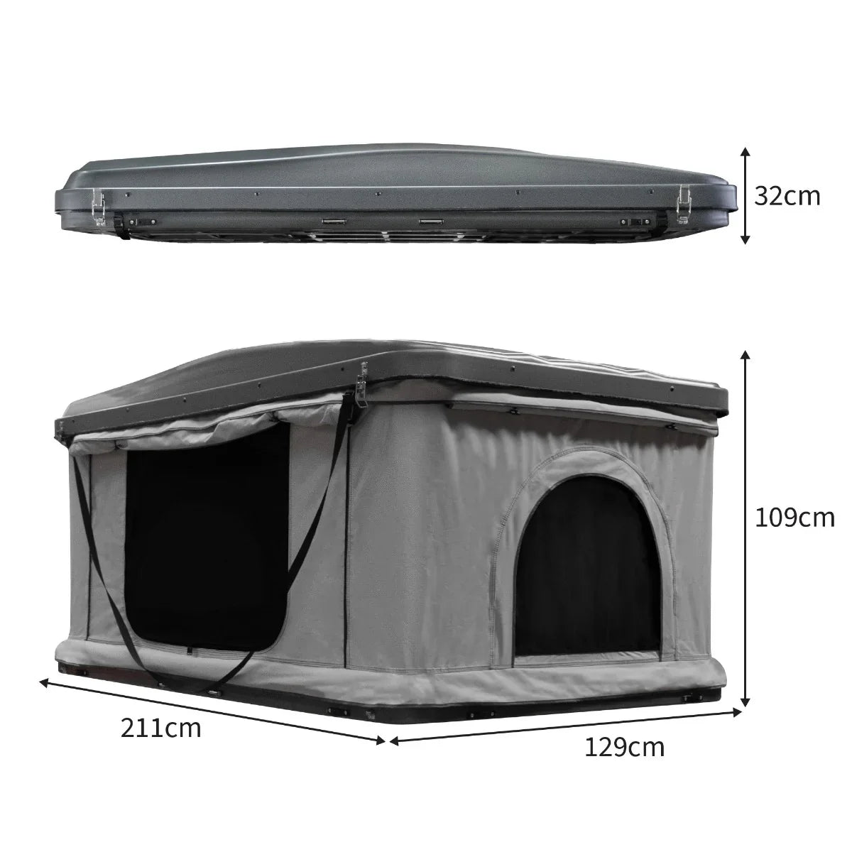 Grey car roof tent with a sleek design, featuring a sturdy frame, spacious interior, and a compact profile when closed