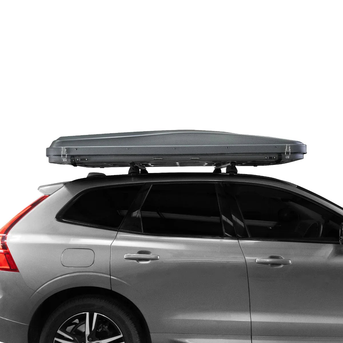 Grey car roof tent mounted on a silver vehicle, featuring a sleek, aerodynamic design and durable material for outdoor adventures