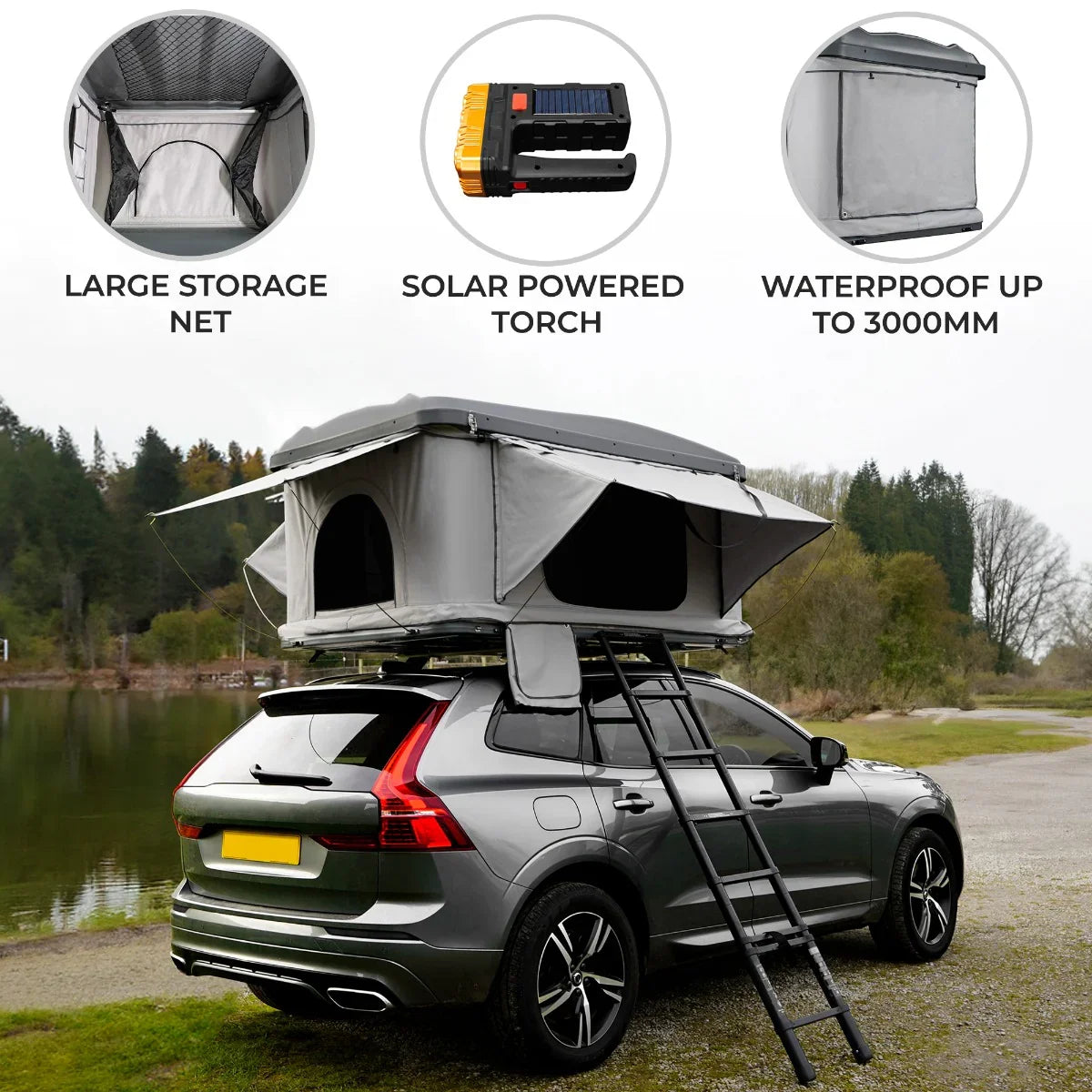 Grey car roof tent featuring a large storage net, solar-powered torch, and waterproof design, set on a vehicle by a lake