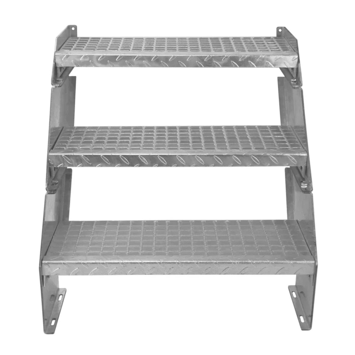 Adjustable 3 section galvanized staircase with a 600mm wide design, featuring textured, slip-resistant steps and sturdy metal construction