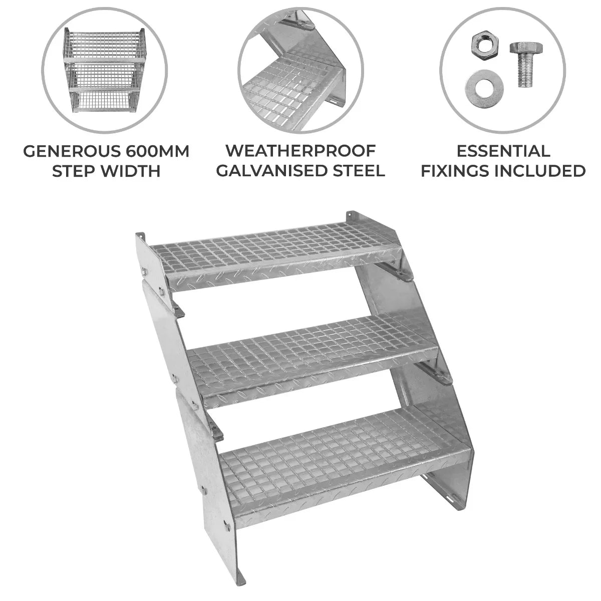 Adjustable 3 section staircase made of weatherproof galvanised steel, featuring a 600mm wide step width and textured surface for grip