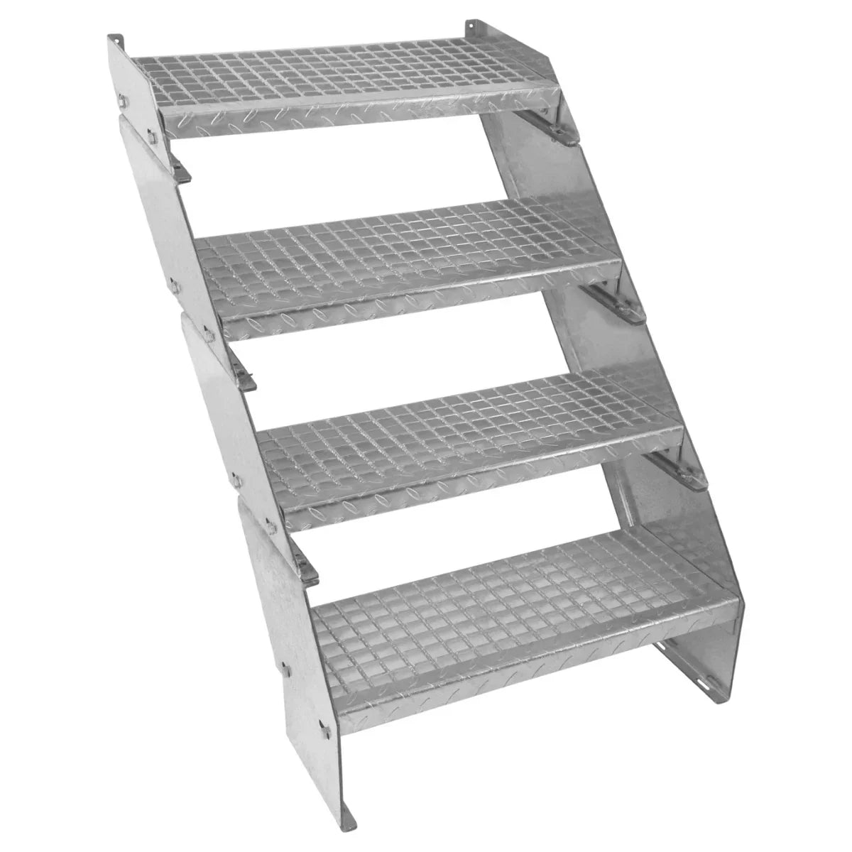 Adjustable 4-section galvanized staircase with a 600mm wide design, featuring a textured surface for enhanced grip and stability