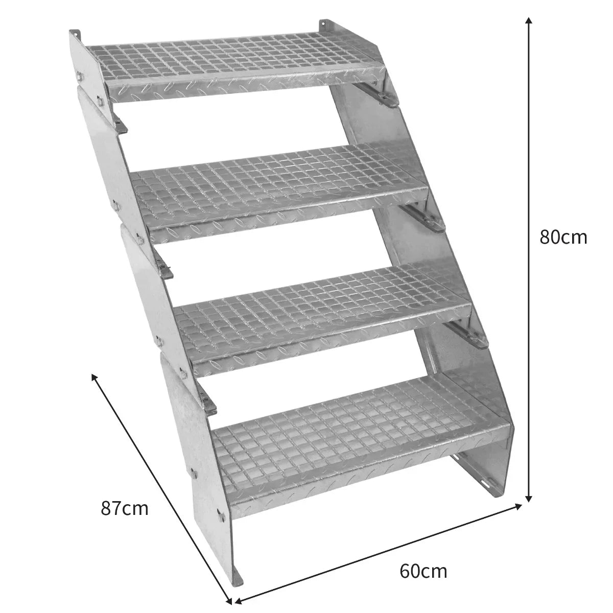 Galvanised adjustable staircase with four sections, 600mm wide, featuring a textured surface for grip and sturdy construction