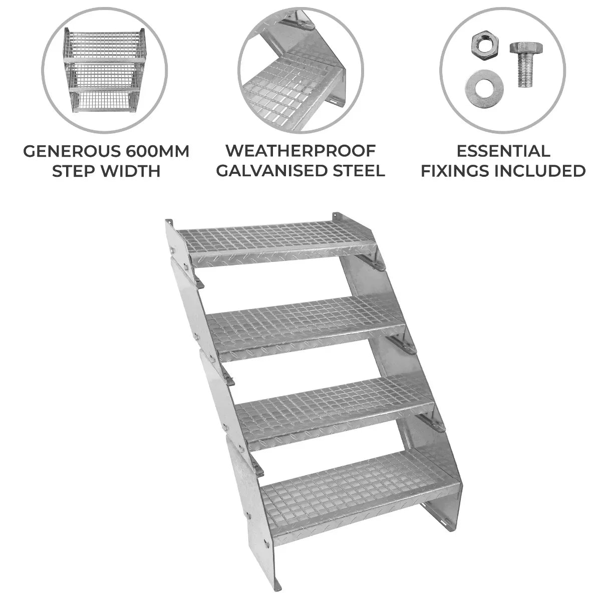 Adjustable 4-section staircase made of weatherproof galvanised steel, featuring a 600mm wide step and essential fixings included
