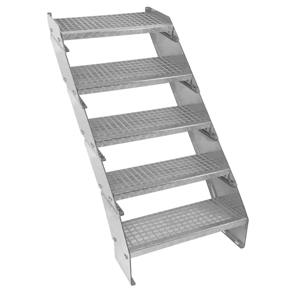 Adjustable 5-section galvanized staircase with a 600mm wide design, featuring textured, slip-resistant steps for safety and durability
