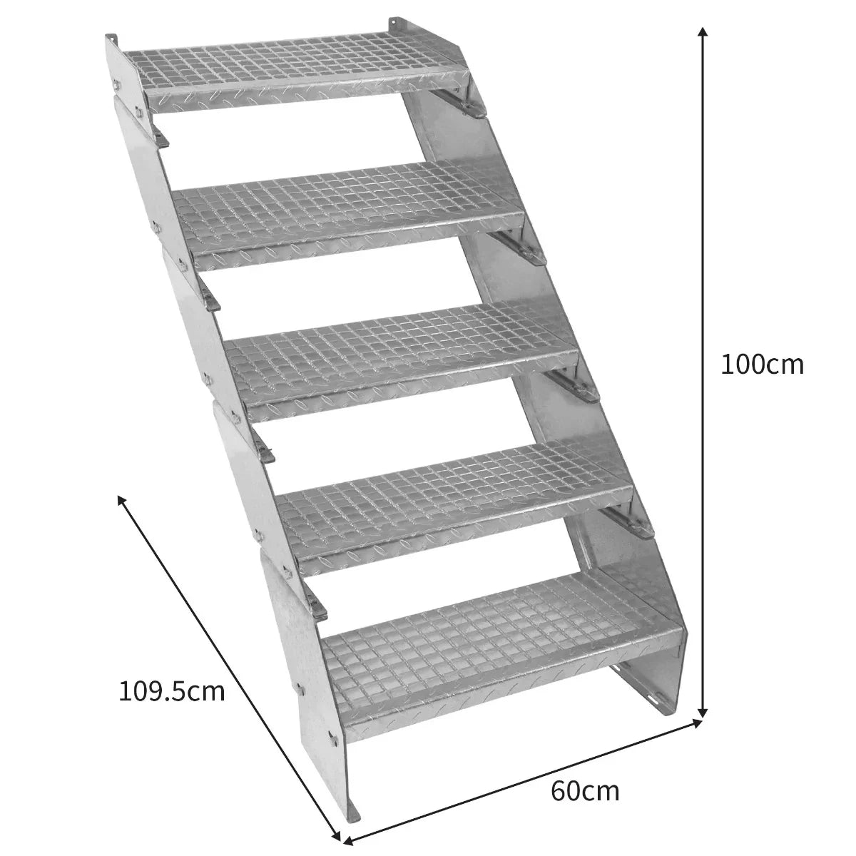 Adjustable 5-section galvanized staircase, 600mm wide, featuring a sturdy design with textured, slip-resistant steps and dimensions of 60cm by 109.5cm