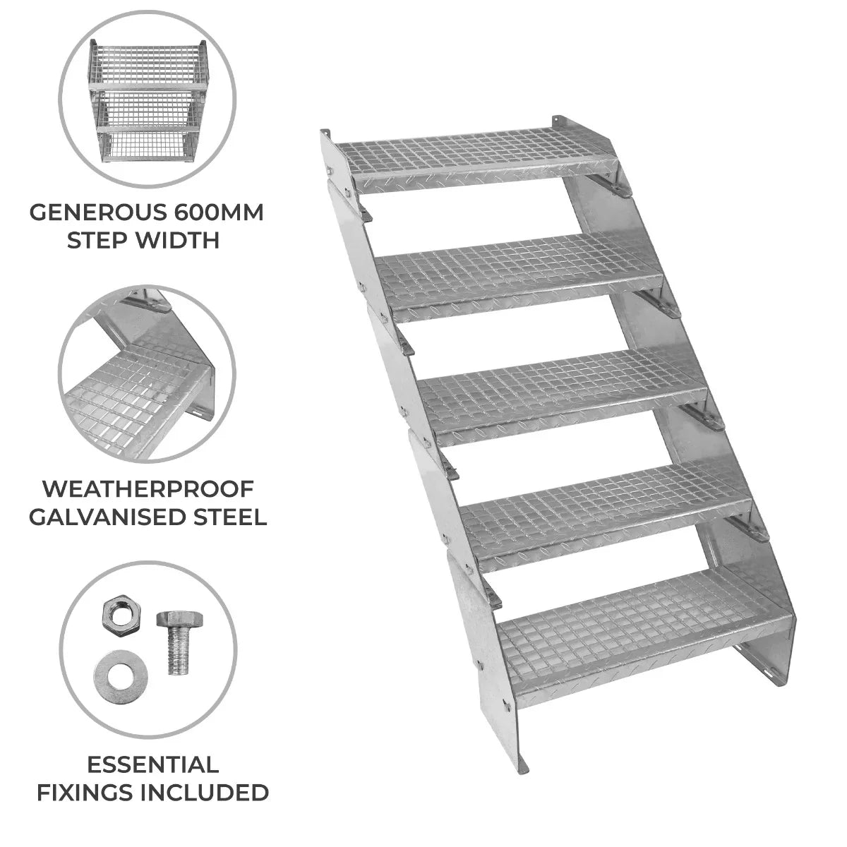 Adjustable 5-section staircase made of weatherproof galvanised steel, featuring a 600mm wide, textured step surface for safety and stability